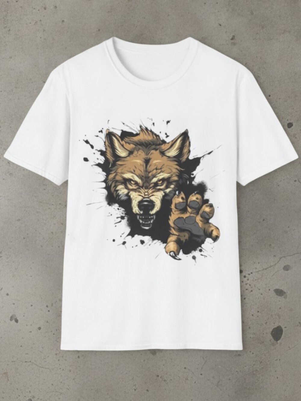 Fierce Wolf Pounce Ink Splash Graphic White Unisex T-Shirt Animal Tee